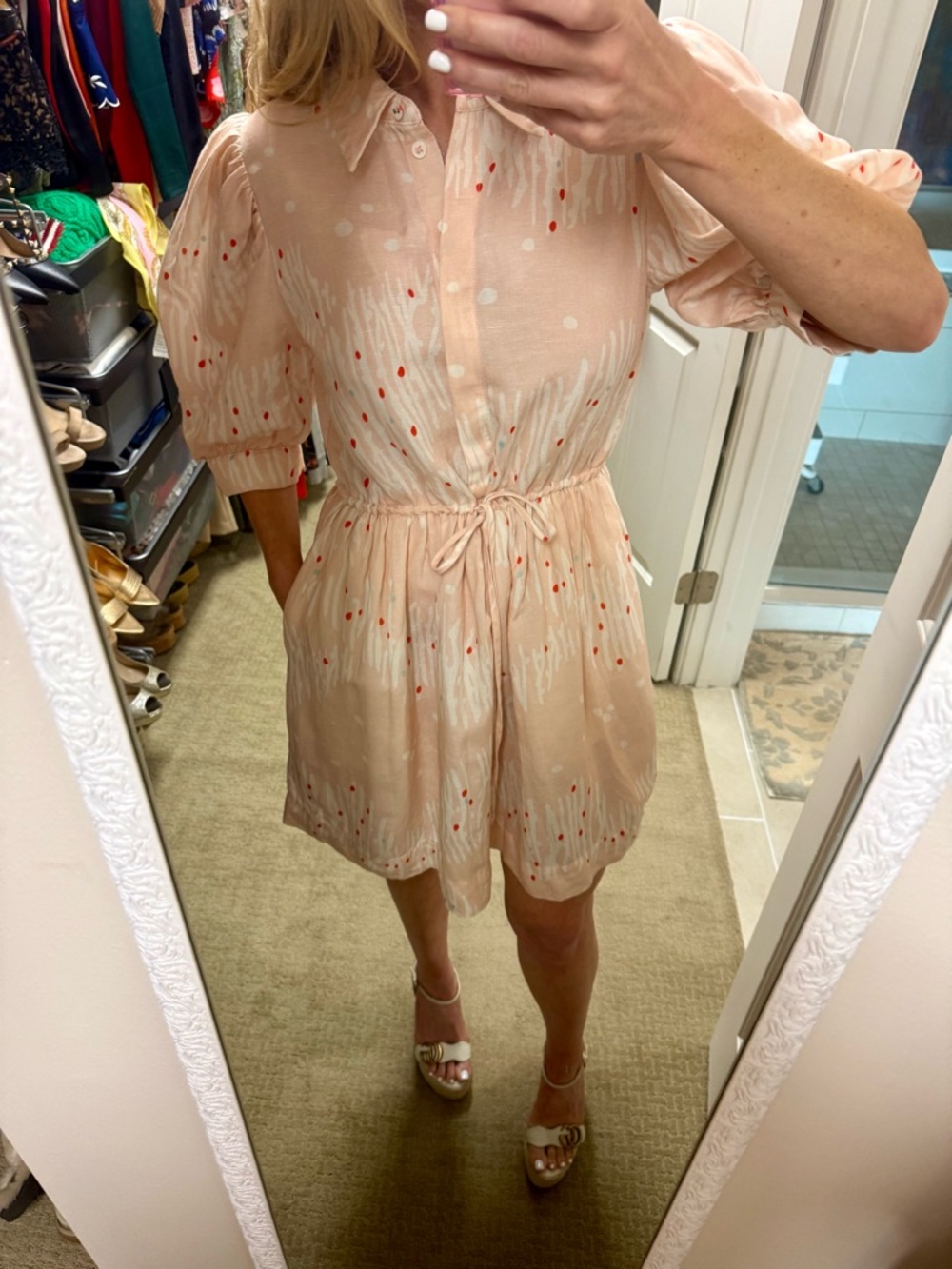 HUNTER BELL Peach Print Mini Linen Shirt Dress Puff Sleeve Tie Waist - Picture 5 of 5
